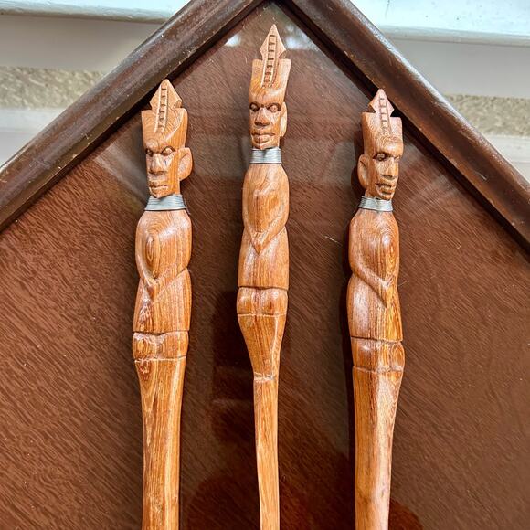 Vintage Hand Carved African Tribal Knife Fork Spoon Serving Utensils - Picture 10 of 15